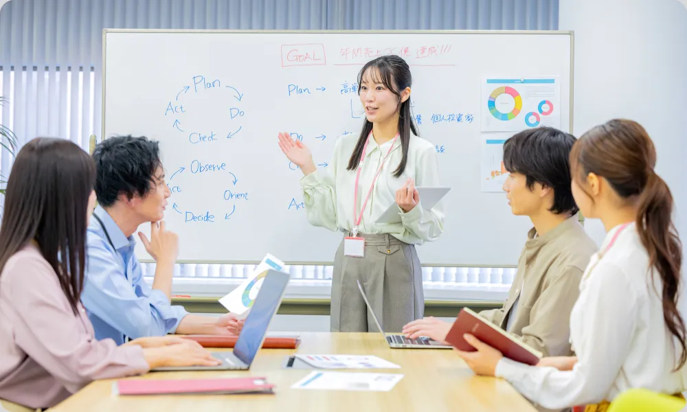 ホワイトボードを使ってマーケティング施策を説明する様子