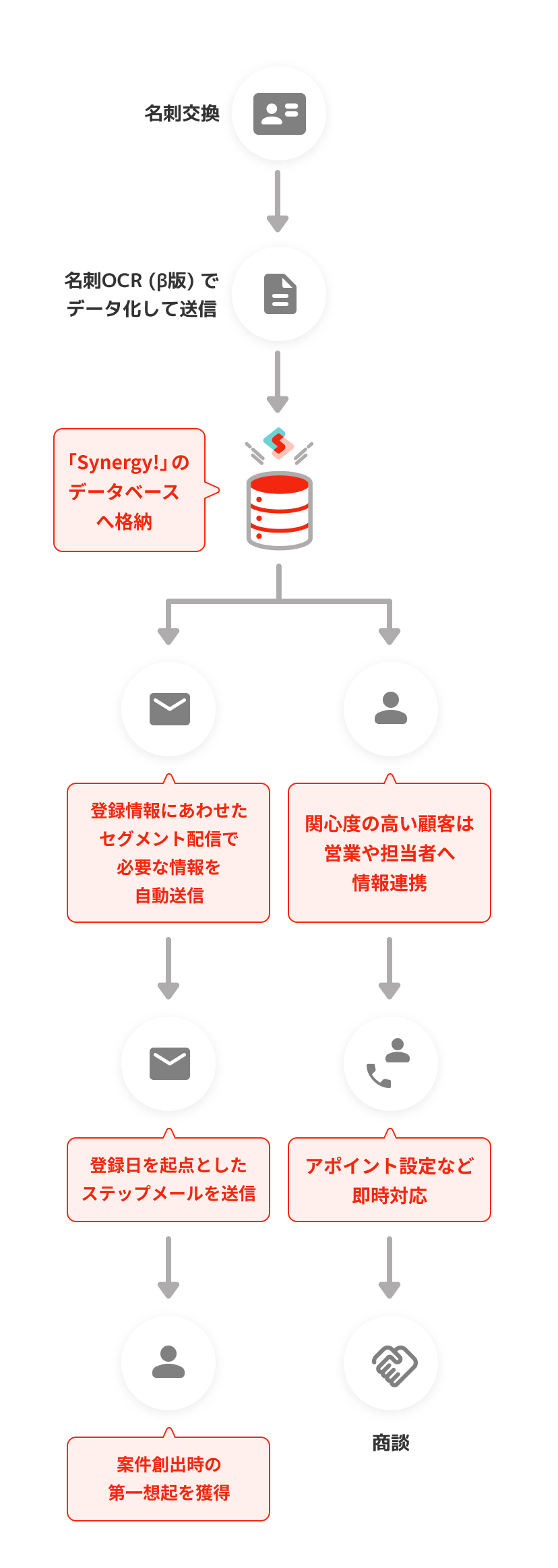 交換した名刺を名刺OCR(β版)でデータ化してSynegy!へ送信。関心度の高い顧客は営業や担当者へ情報連携し、アポイント設定など即時対応。登録情報にあわせたセグメント配信で必要な情報を自動送信し、登録日を起点としたステップメールを送信して案件創出時の第一想起を獲得。