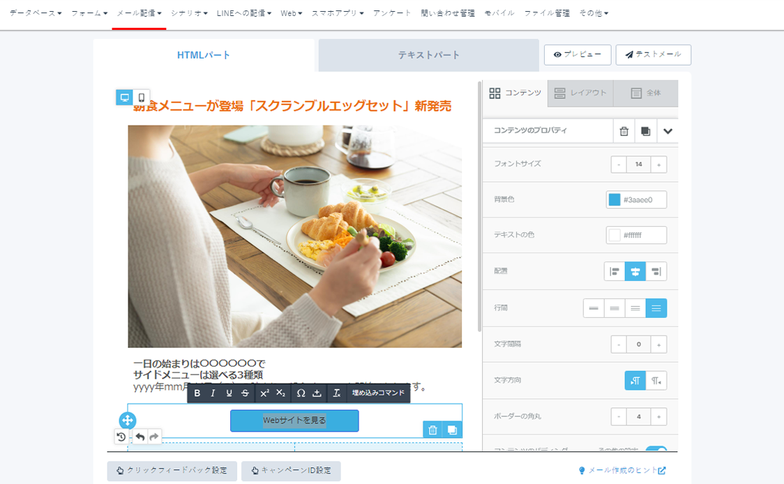 Synergy!（シナジー） 管理画面、メール配信、本文設定（HTML）
