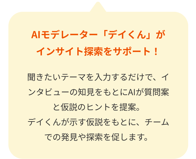 AIモデレーター「デイくん」がインサイト探索をサポート！聞きたいテーマを入力するだけで、インタビューの知見をもとにAIが質問案と仮説のヒントを提案。デイくんが示す仮説をもとに、チームでの発見や探索を促します。