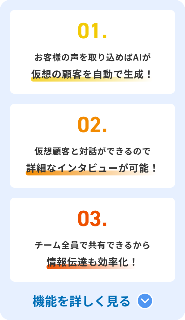 01.お客様の声を取り込めばAIが仮想の顧客を自動で生成！02.仮想顧客と対話ができるので詳細なインタビューが可能！03.チーム全員で共有できるから情報伝達も効率化！詳しい機能はこちらをクリック。