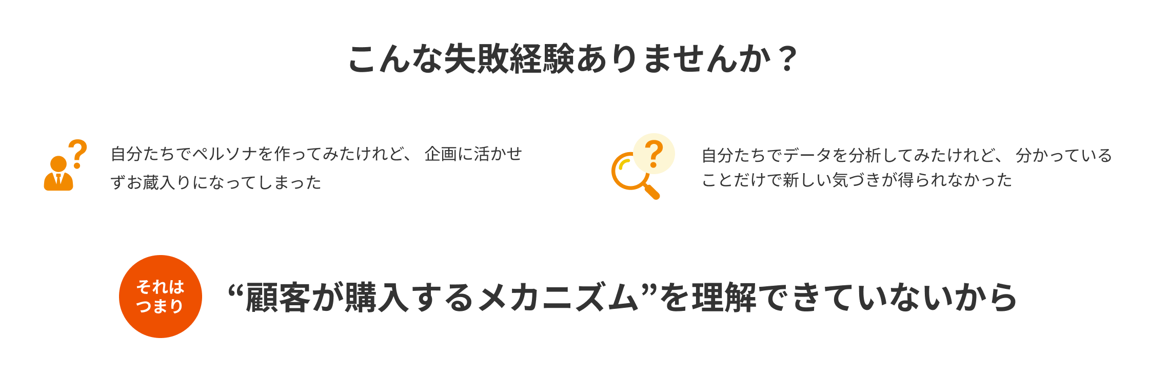 こんな失敗経験ありませんか？自分たちでペルソナを作ってみたけれど、企画に活かせずお蔵入りになってしまった。自分たちでデータを分析してみたけれど、分かっていることだけで新しい気づきが得られなかった。それはつまり、“顧客が購入するメカニズム”を理解できていないから