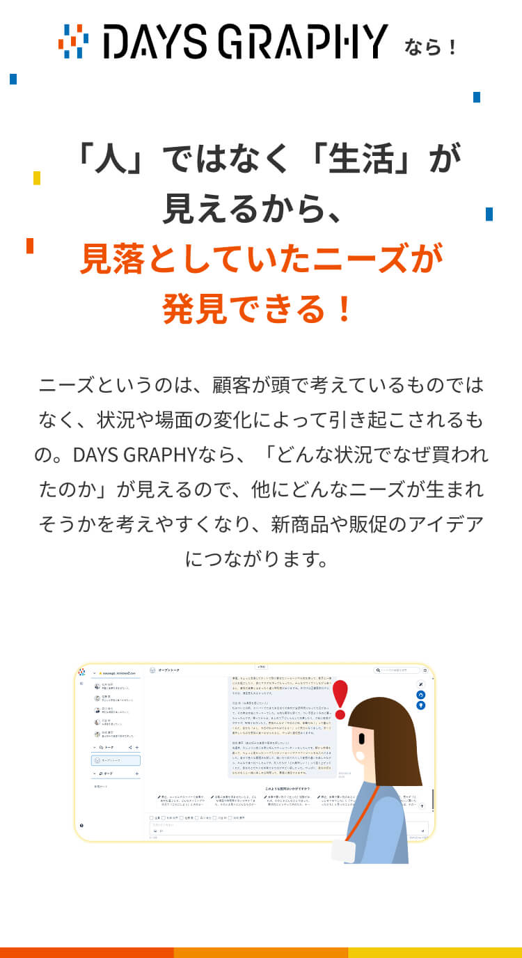 DAYS GRAPHYなら！「人」ではなく「生活」が見えるから、見落としていたニーズが発見できる！ニーズというのは、顧客が頭で考えているものではなく、状況や場面の変化によって引き起こされるもの。DAYS GRAPHYなら、「どんな状況でなぜ買われたのか」が見えるので、他にどんなニーズが生まれそうかを考えやすくなり、新商品や販促のアイデアにつながります。