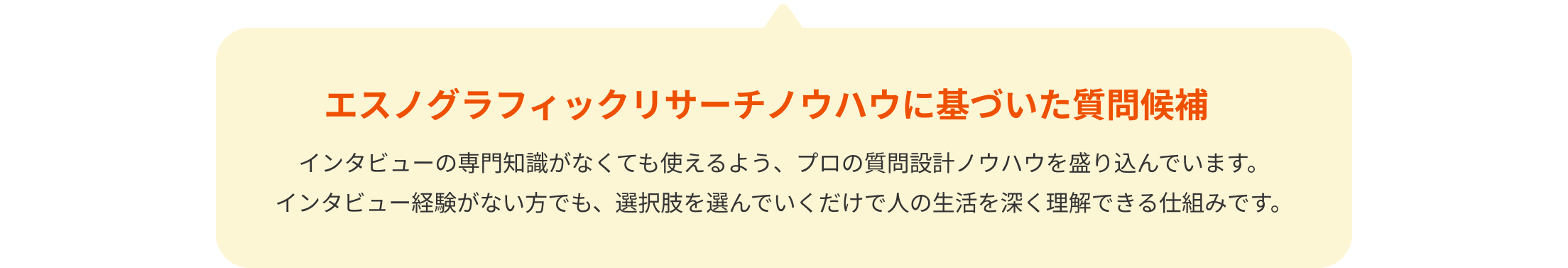 エスノグラフィックリサーチノウハウに基づいた質問候補。インタビューの専門知識がなくても使えるよう、プロの質問設計ノウハウを盛り込んでいます。インタビュー経験がない方でも、選択肢を選んでいくだけで人の生活を深く理解できる仕組みです。