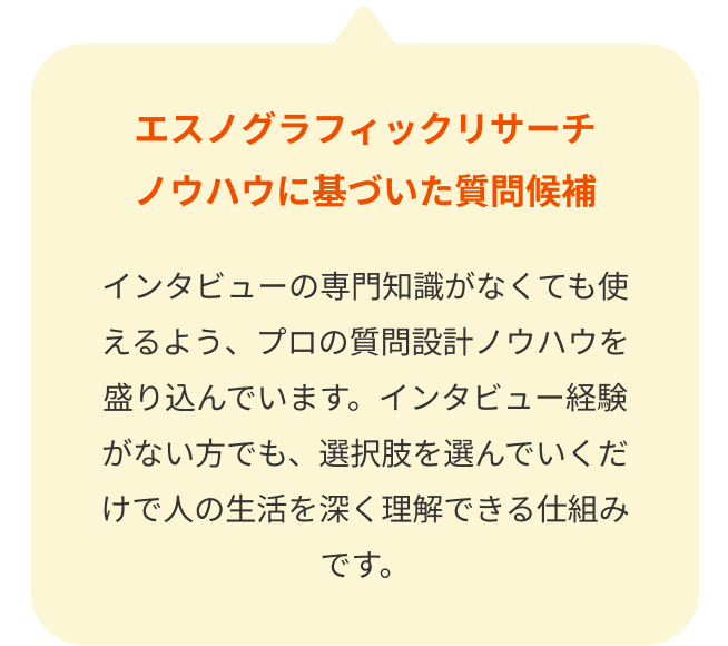 エスノグラフィックリサーチノウハウに基づいた質問候補。インタビューの専門知識がなくても使えるよう、プロの質問設計ノウハウを盛り込んでいます。インタビュー経験がない方でも、選択肢を選んでいくだけで人の生活を深く理解できる仕組みです。