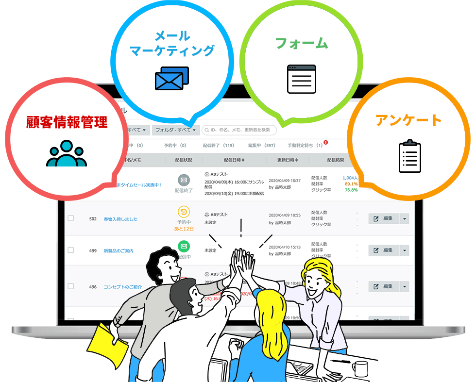 顧客情報管理からメールマーケティング、フォームやアンケート機能までまるごと一元化