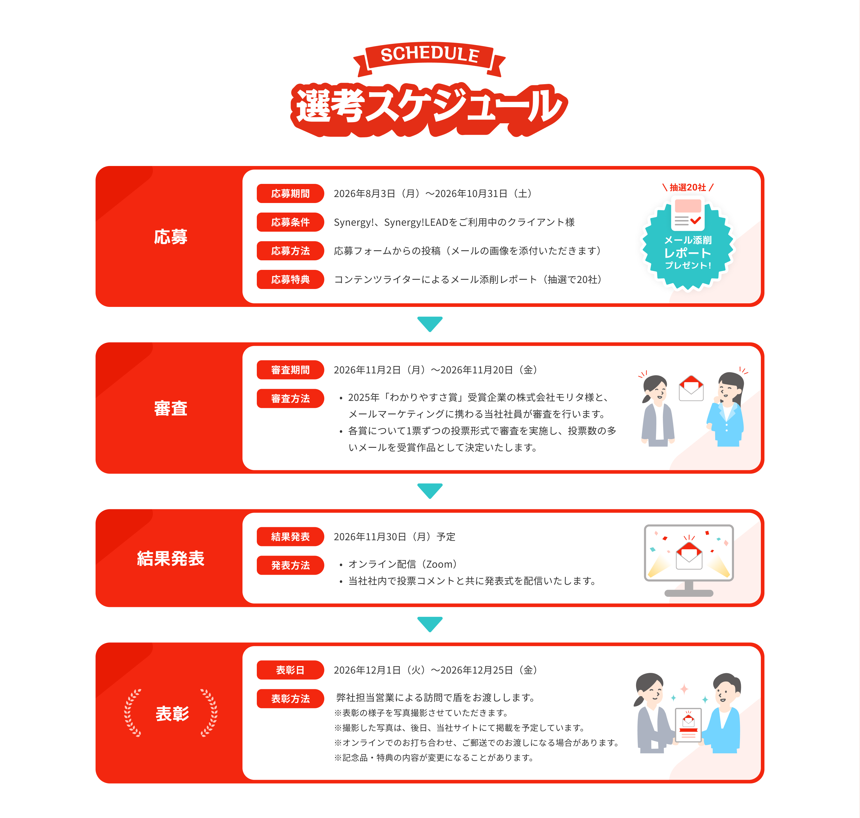 応募：2026年8月3日（月）～2026年10月31日（土）。審査：2026年11月2日（月）～2026年11月20日（金）。結果発表：2026年11月30日（月）予定。表彰：2026年12月1日（火）～2026年12月25日（金）