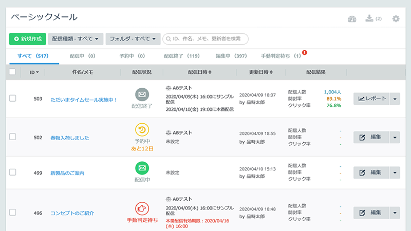 「Synergy!」のメール配信一覧画面イメージ