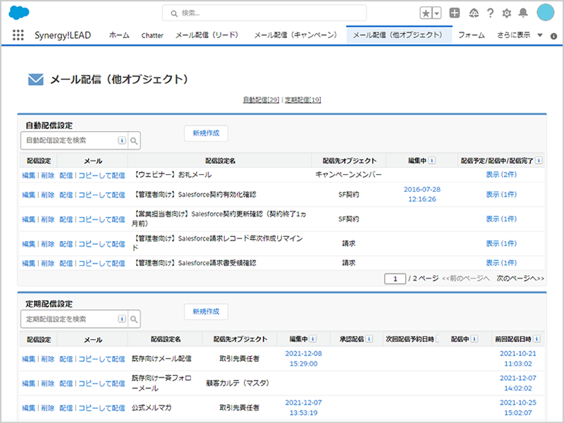 カスタムオブジェクトを対象にしたSynergy!LEADでのメール配信画面イメージ